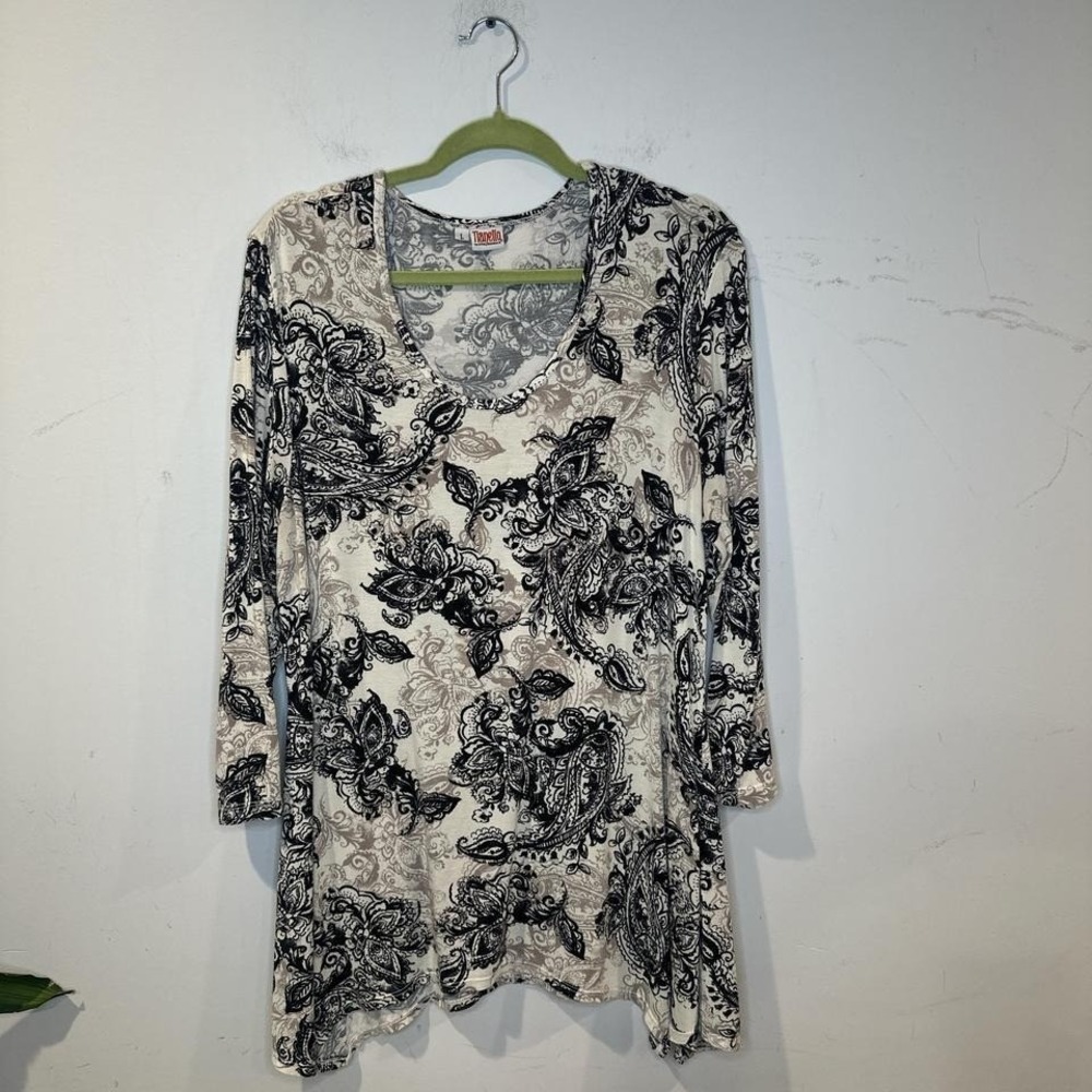 Tianello Womens Art To Wear Tunic Top  Black Ivory Neutral Slinky Swing LARGE - Picture 2 of 8